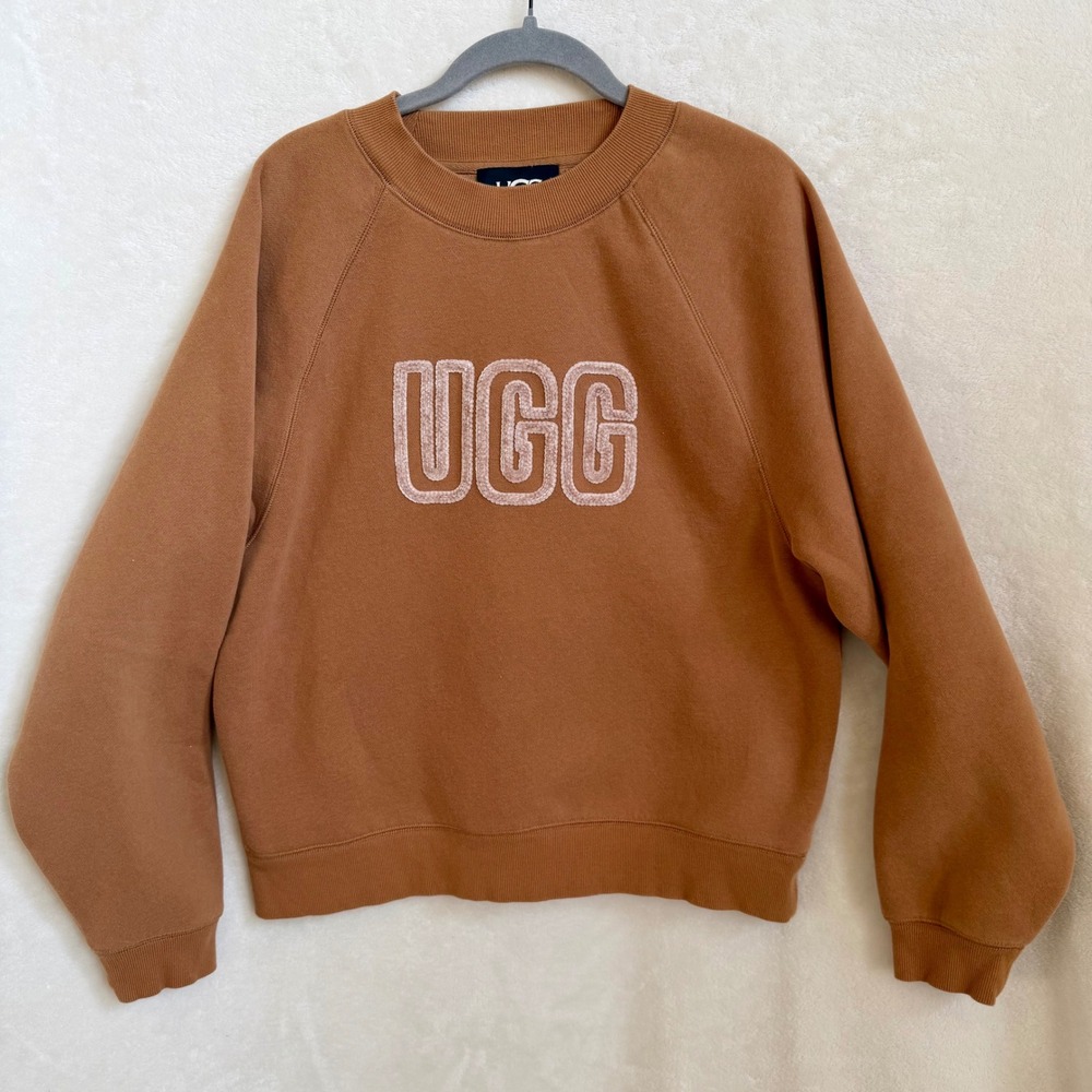 UGG Womens Camel Tan Chenille Logo Crewneck Raglan Sweatshirt Size Medium